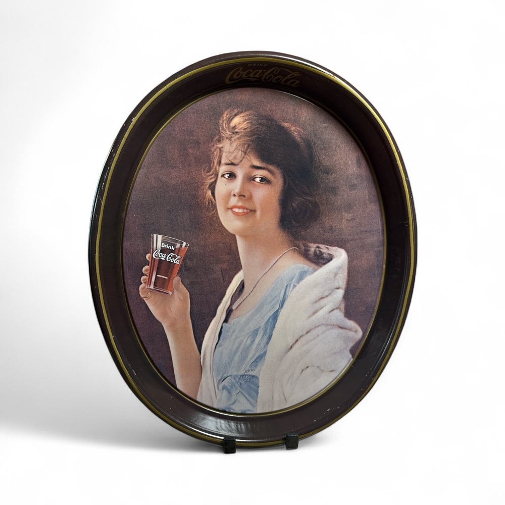 VTG '73 Coca Cola Oval Serving Tray Girl Holding‎ Drink Advertising Collectible